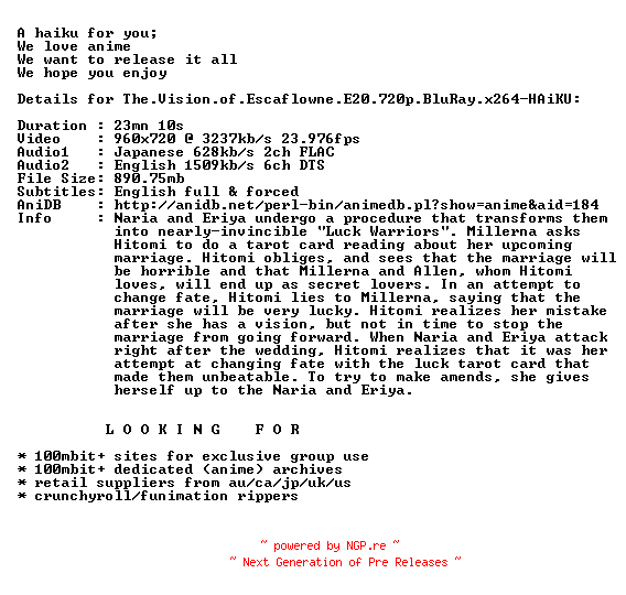 NFO for the release The.Vision.of.Escaflowne.E20.720p.BluRay.x264-HAiKU by HAiKU