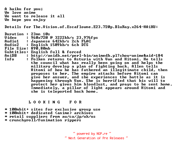 NFO for the release The.Vision.of.Escaflowne.E23.720p.BluRay.x264-HAiKU by HAiKU