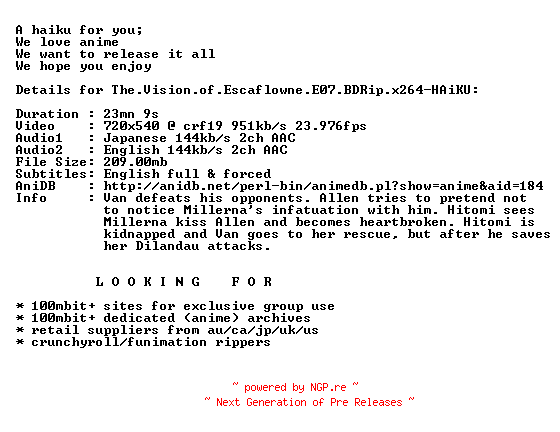 NFO for the release The.Vision.of.Escaflowne.E07.BDRip.x264-HAiKU by HAiKU