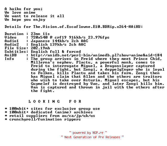 NFO for the release The.Vision.of.Escaflowne.E10.BDRip.x264-HAiKU by HAiKU