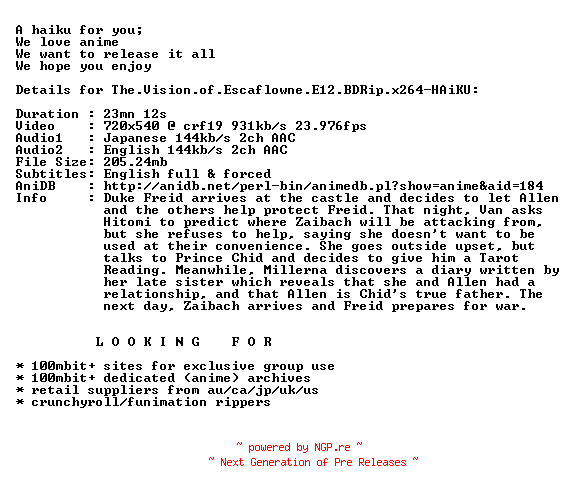 NFO for the release The.Vision.of.Escaflowne.E12.BDRip.x264-HAiKU by HAiKU