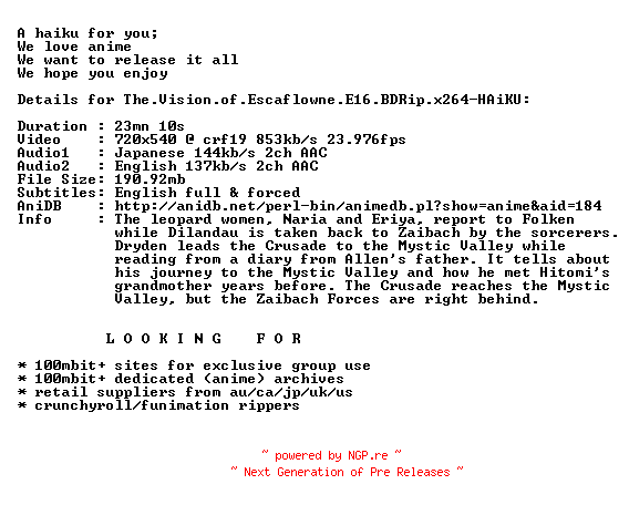 NFO for the release The.Vision.of.Escaflowne.E16.BDRip.x264-HAiKU by HAiKU
