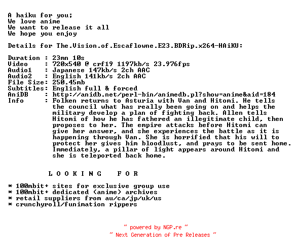 NFO for the release The.Vision.of.Escaflowne.E23.BDRip.x264-HAiKU by HAiKU