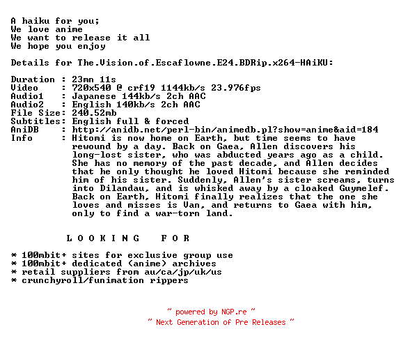 NFO for the release The.Vision.of.Escaflowne.E24.BDRip.x264-HAiKU by HAiKU