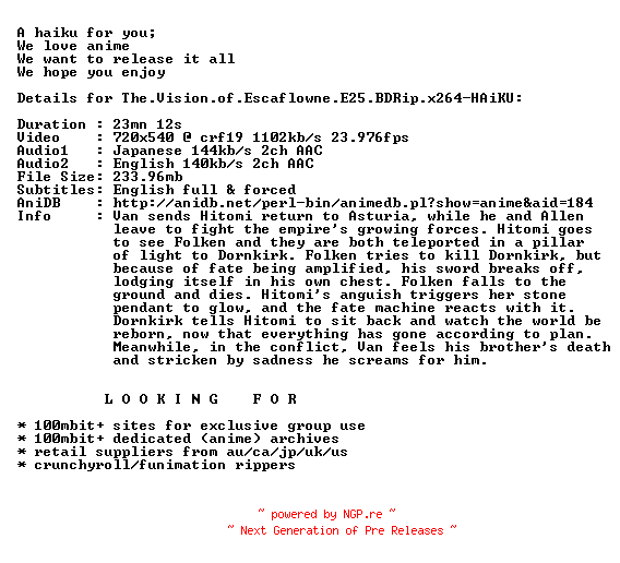 NFO for the release The.Vision.of.Escaflowne.E25.BDRip.x264-HAiKU by HAiKU