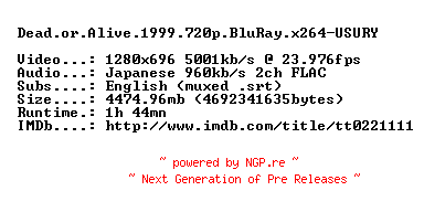 NFO for the release Dead.or.Alive.1999.720p.BluRay.x264-USURY by USURY