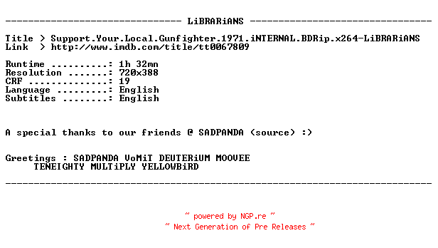 NFO for the release Support.Your.Local.Gunfighter.1971.iNTERNAL.BDRip.x264-LiBRARiANS by LiBRARiANS