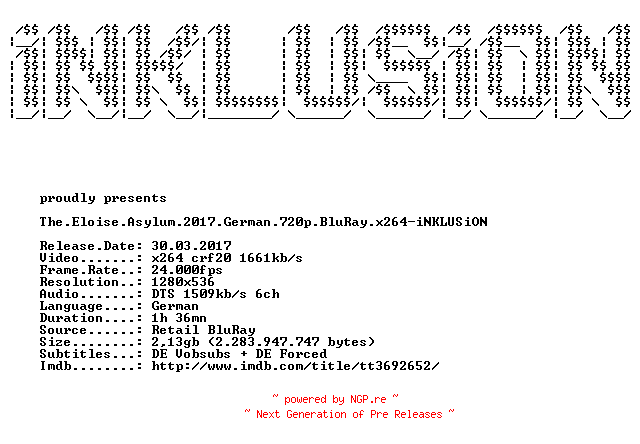 NFO for the release The.Eloise.Asylum.2017.German.720p.BluRay.x264-iNKLUSiON by iNKLUSiON