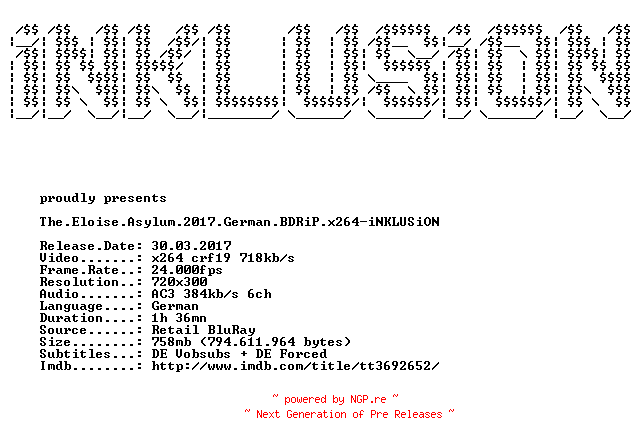 NFO for the release The.Eloise.Asylum.2017.German.BDRiP.x264-iNKLUSiON by iNKLUSiON