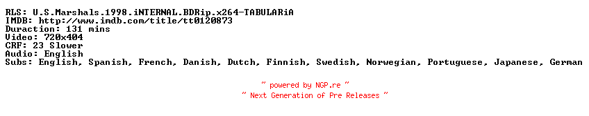 NFO for the release U.S.Marshals.1998.iNTERNAL.BDRip.x264-TABULARiA by TABULARiA