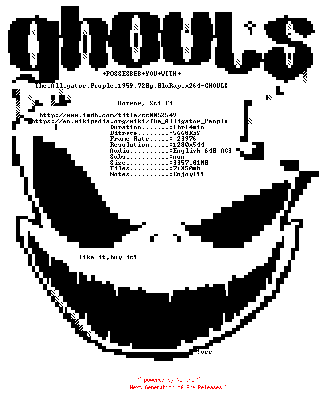 NFO for the release The.Alligator.People.1959.720p.BluRay.x264-GHOULS by GHOULS