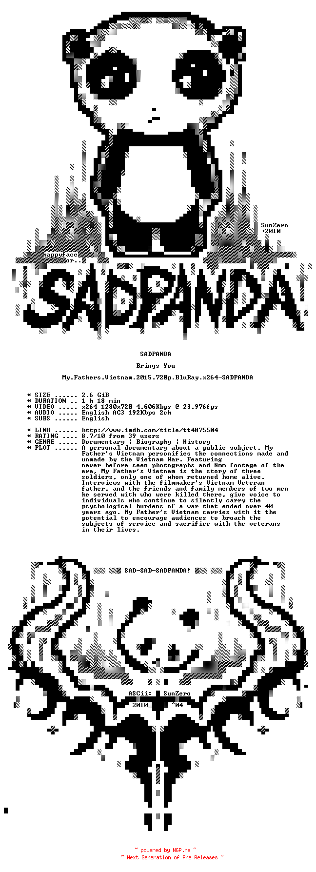 NFO for the release My.Fathers.Vietnam.2015.720p.BluRay.x264-SADPANDA by SADPANDA