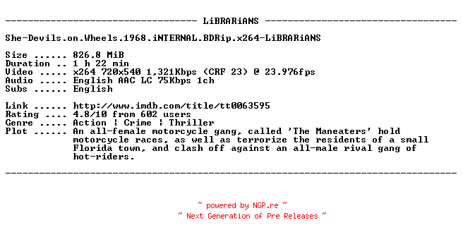 NFO for the release She-Devils.on.Wheels.1968.iNTERNAL.BDRip.x264-LiBRARiANS by LiBRARiANS