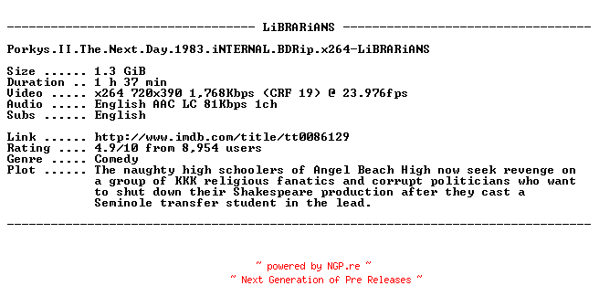 NFO for the release Porkys.II.The.Next.Day.1983.iNTERNAL.BDRip.x264-LiBRARiANS by LiBRARiANS