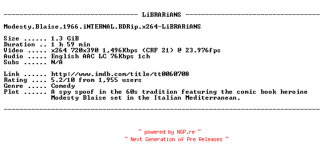 NFO for the release Modesty.Blaise.1966.iNTERNAL.BDRip.x264-LiBRARiANS by LiBRARiANS