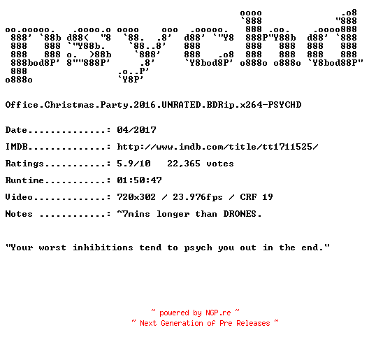 NFO for the release Office.Christmas.Party.2016.UNRATED.BDRip.x264-PSYCHD by PSYCHD