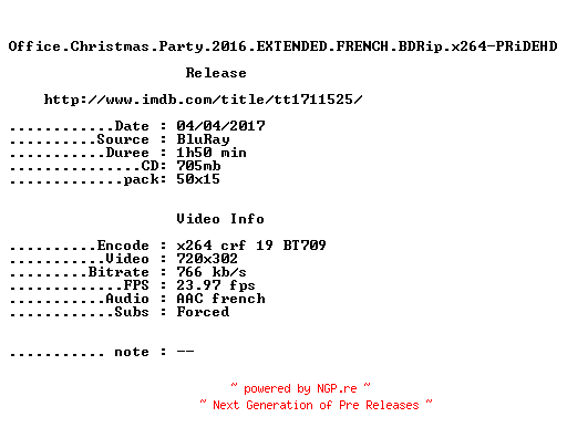 NFO for the release Office.Christmas.Party.2016.EXTENDED.FRENCH.BDRip.x264-PRiDEHD by PRiDEHD
