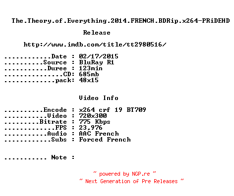 NFO for the release The.Theory.of.Everything.2014.FRENCH.BDRip.x264-PRiDEHD by PRiDEHD