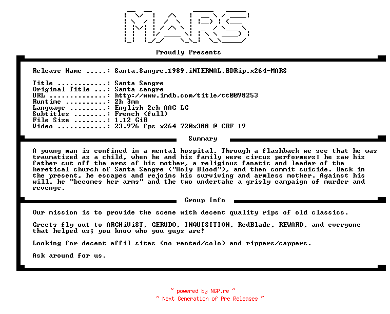 NFO for the release Santa.Sangre.1989.iNTERNAL.BDRip.x264-MARS by MARS