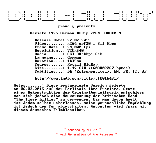 NFO for the release Variete.1925.German.BDRip.x264-DOUCEMENT by DOUCEMENT