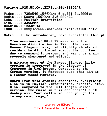 NFO for the release Variety.1925.US.Cut.BDRip.x264-BiPOLAR by BiPOLAR