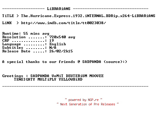 NFO for the release The.Hurricane.Express.1932.iNTERNAL.BDRip.x264-LiBRARiANS by LiBRARiANS