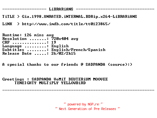 NFO for the release Gia.1998.UNRATED.iNTERNAL.BDRip.x264-LiBRARiANS by LiBRARiANS