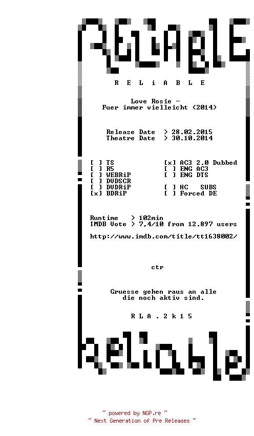 NFO for the release Love.Rosie.Fuer.immer.vielleicht.BDRiP.LD.GERMAN.x264.iNTERNAL-RELiABLE by RELiABLE