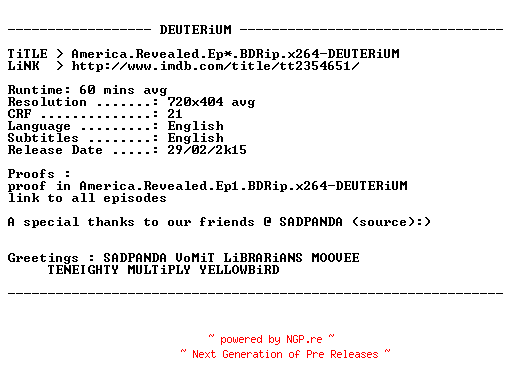 NFO for the release America.Revealed.Ep2.BDRip.x264-DEUTERiUM by DEUTERiUM