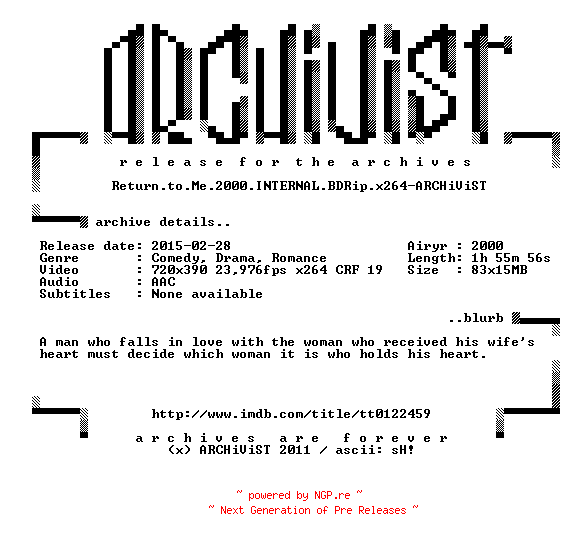 NFO for the release Return.to.Me.2000.INTERNAL.BDRip.x264-ARCHiViST by ARCHiViST