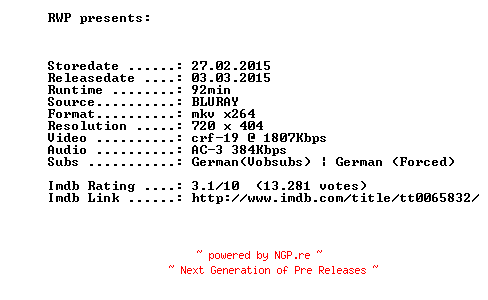 NFO for the release Herkules.in.New.York.German.1969.AC3.BDRiP.x264-RWP by RWP