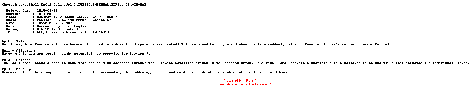 NFO for the release Ghost.in.the.Shell.SAC.2nd.Gig.Vol.3.DUBBED.INTERNAL.BDRip.x264-CHOBAB by CHOBAB