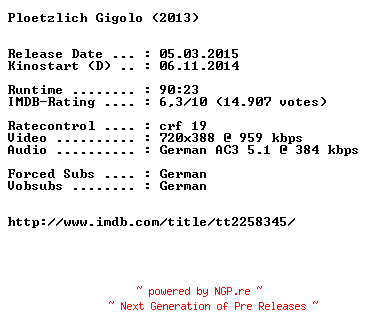 NFO for the release Ploetzlich.Gigolo.German.BDRiP.x264-EXQUiSiTE by EXQUiSiTE