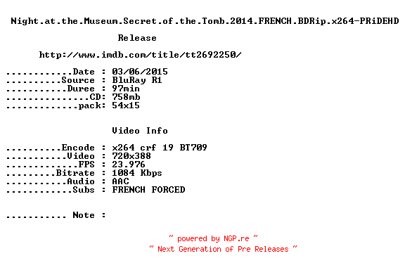 NFO for the release Night.at.the.Museum.Secret.of.the.Tomb.2014.FRENCH.BDRip.x264-PRiDEHD by PRiDEHD