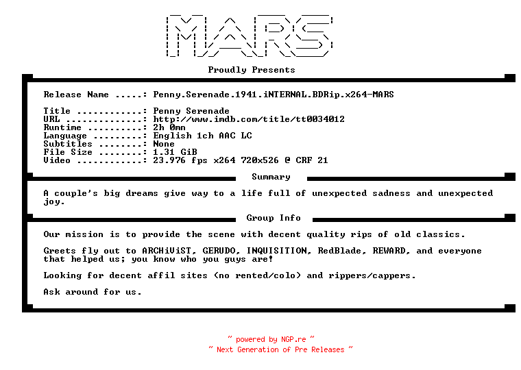 NFO for the release Penny.Serenade.1941.iNTERNAL.BDRip.x264-MARS by MARS