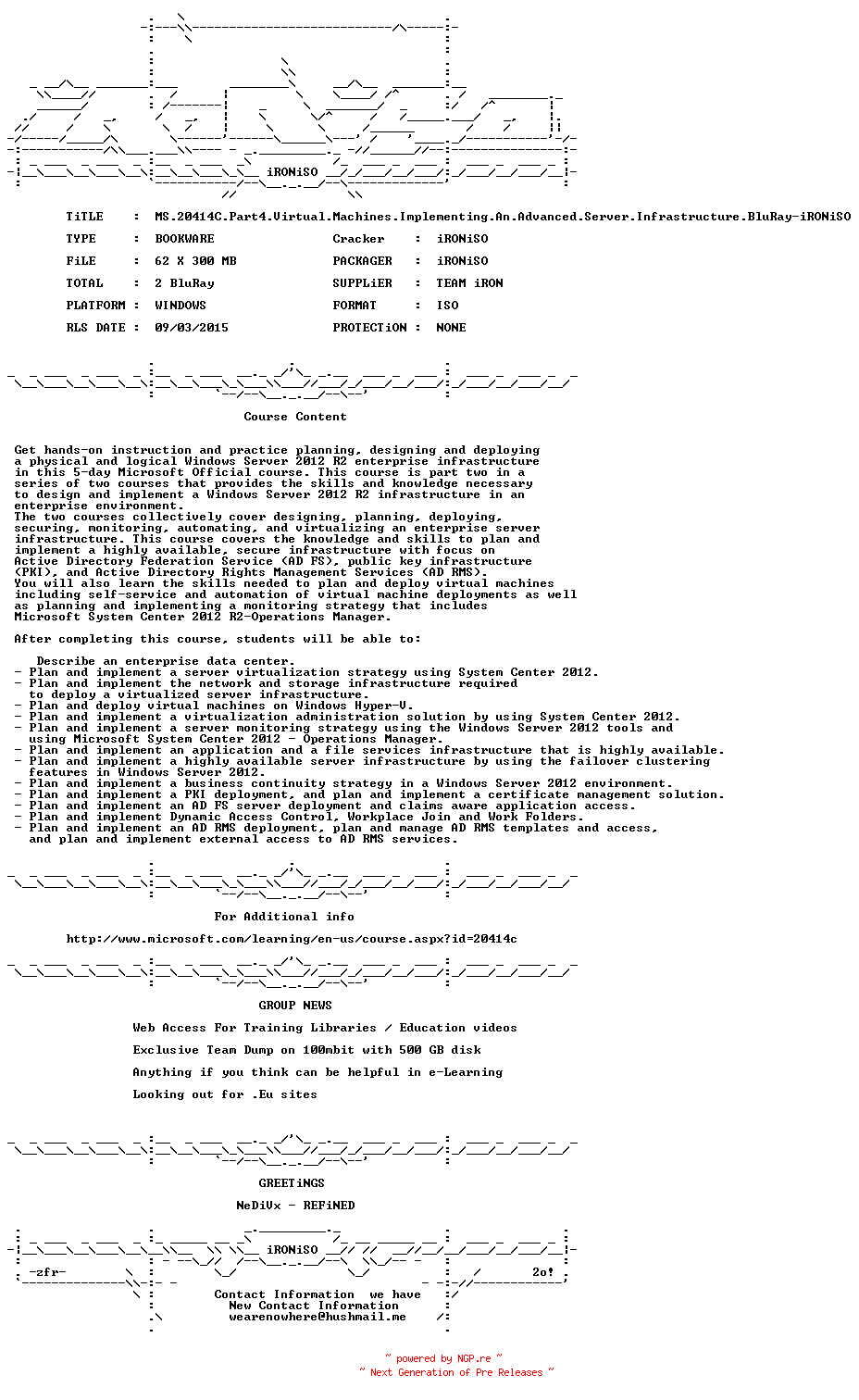 NFO for the release MS.20414C.Part4.Virtual.Machines.Implementing.An.Advanced.Server.Infrastructure.BluRay-iRONiSO by iRONiSO