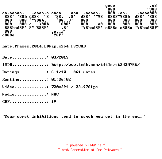 NFO for the release Late.Phases.2014.BDRip.x264-PSYCHD by PSYCHD