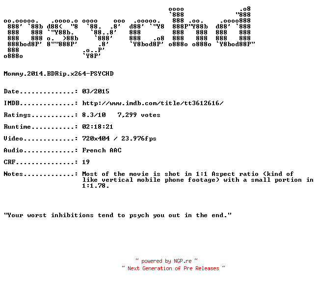 NFO for the release Mommy.2014.BDRip.x264-PSYCHD by PSYCHD