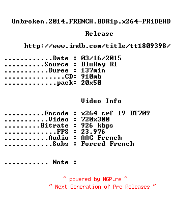 NFO for the release Unbroken.2014.FRENCH.BDRip.x264-PRiDEHD by PRiDEHD