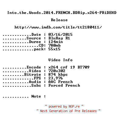 NFO for the release Into.the.Woods.2014.FRENCH.BDRip.x264-PRiDEHD by PRiDEHD