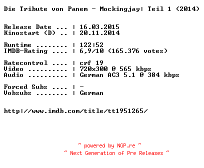 NFO for the release Die.Tribute.von.Panem.Mockingjay.Teil.1.German.BDRiP.x264-EXQUiSiTE by EXQUiSiTE