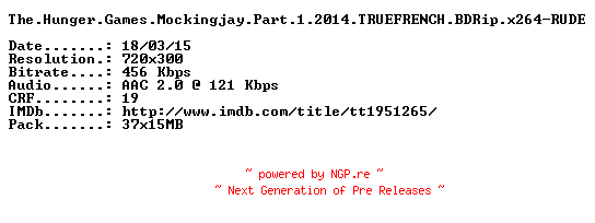 NFO for the release The.Hunger.Games.Mockingjay.Part.1.2014.TRUEFRENCH.BDRip.x264-RUDE by RUDE