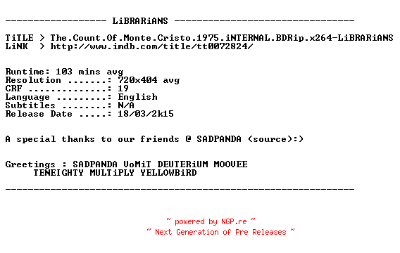 NFO for the release The.Count.Of.Monte.Cristo.1975.iNTERNAL.BDRip.x264-LiBRARiANS by LiBRARiANS