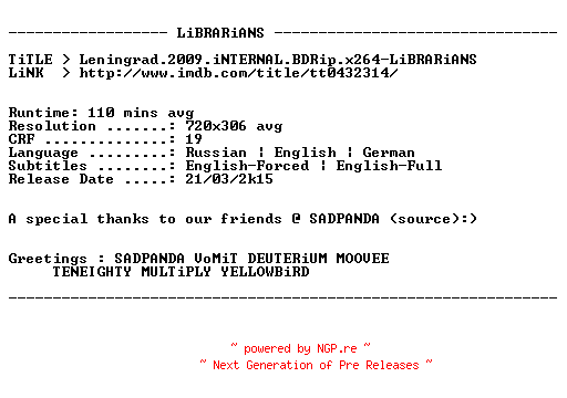 NFO for the release Leningrad.2009.iNTERNAL.BDRip.x264-LiBRARiANS by LiBRARiANS