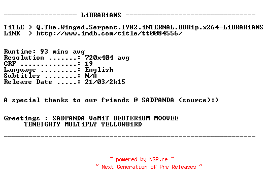 NFO for the release Q.The.Winged.Serpent.1982.iNTERNAL.BDRip.x264-LiBRARiANS by LiBRARiANS