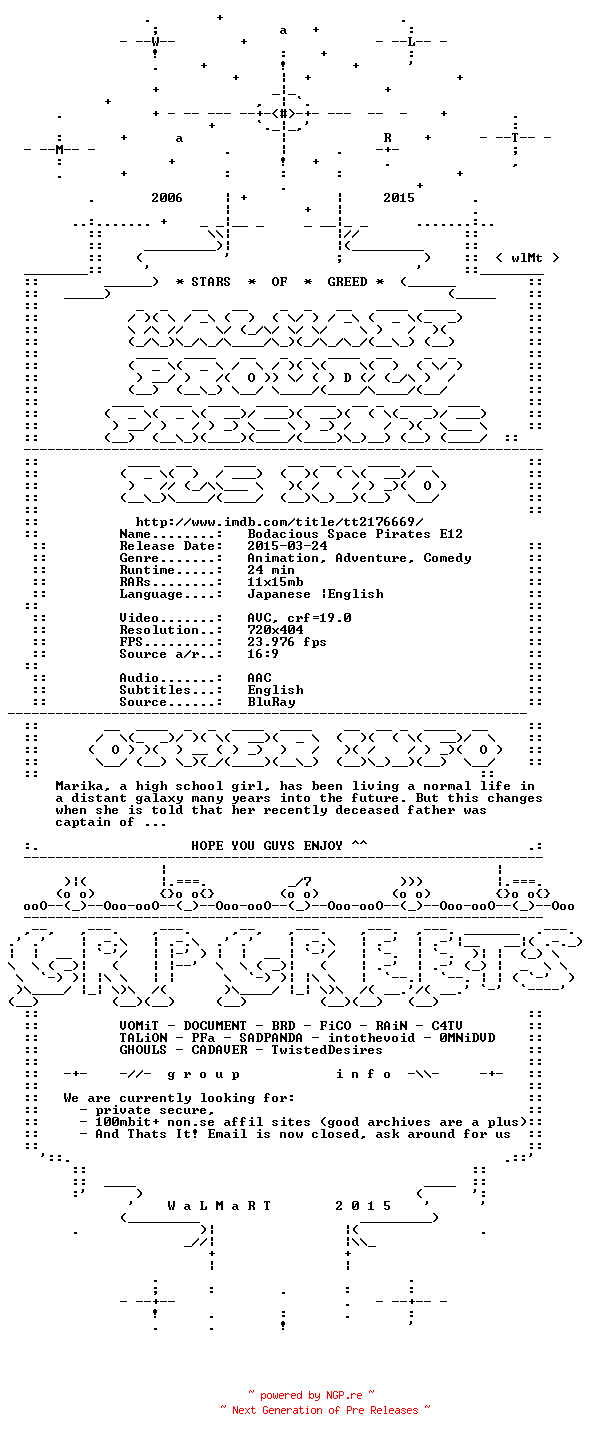 NFO for the release Bodacious.Space.Pirates.E12.iNTERNAL.BDRip.x264-WaLMaRT by WaLMaRT