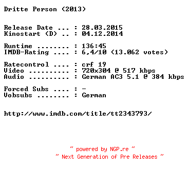 NFO for the release Dritte.Person.German.BDRiP.x264-EXQUiSiTE by EXQUiSiTE