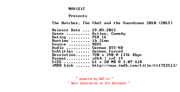 NFO for the release The.Butcher.The.Chef.and.the.Swordsman.2010.German.AC3.BDRip.x264-MOViEiT by MOViEiT