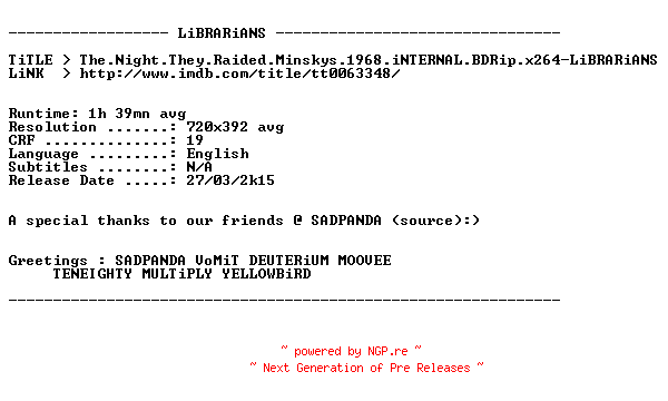 NFO for the release The.Night.They.Raided.Minskys.1968.iNTERNAL.BDRip.x264-LiBRARiANS by LiBRARiANS