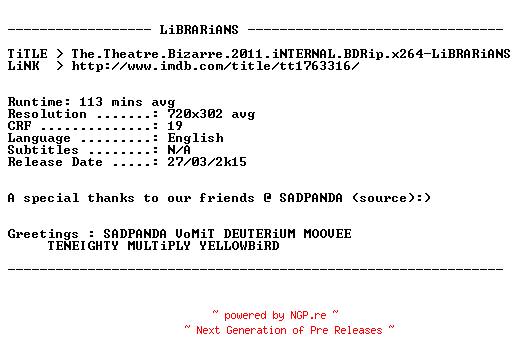 NFO for the release The.Theatre.Bizarre.2011.iNTERNAL.BDRip.x264-LiBRARiANS by LiBRARiANS